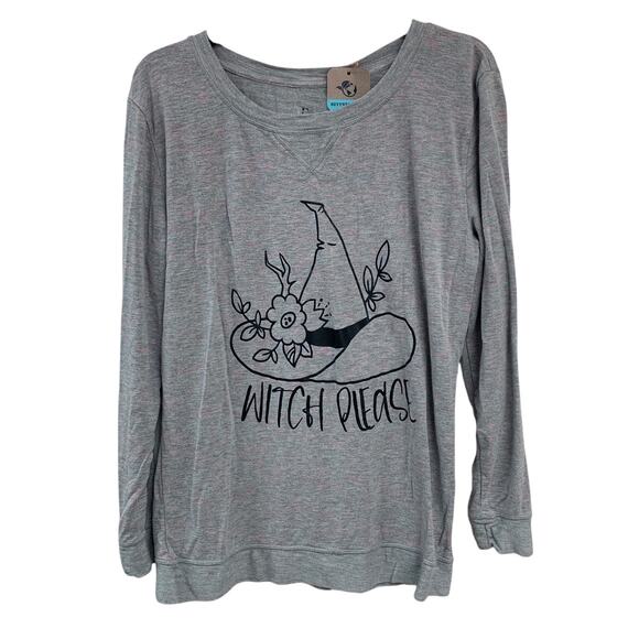 Upcycled Hand Printed Womens Medium Halloween Witch Please Long Sleeve Tee Shirt - Picture 1 of 5